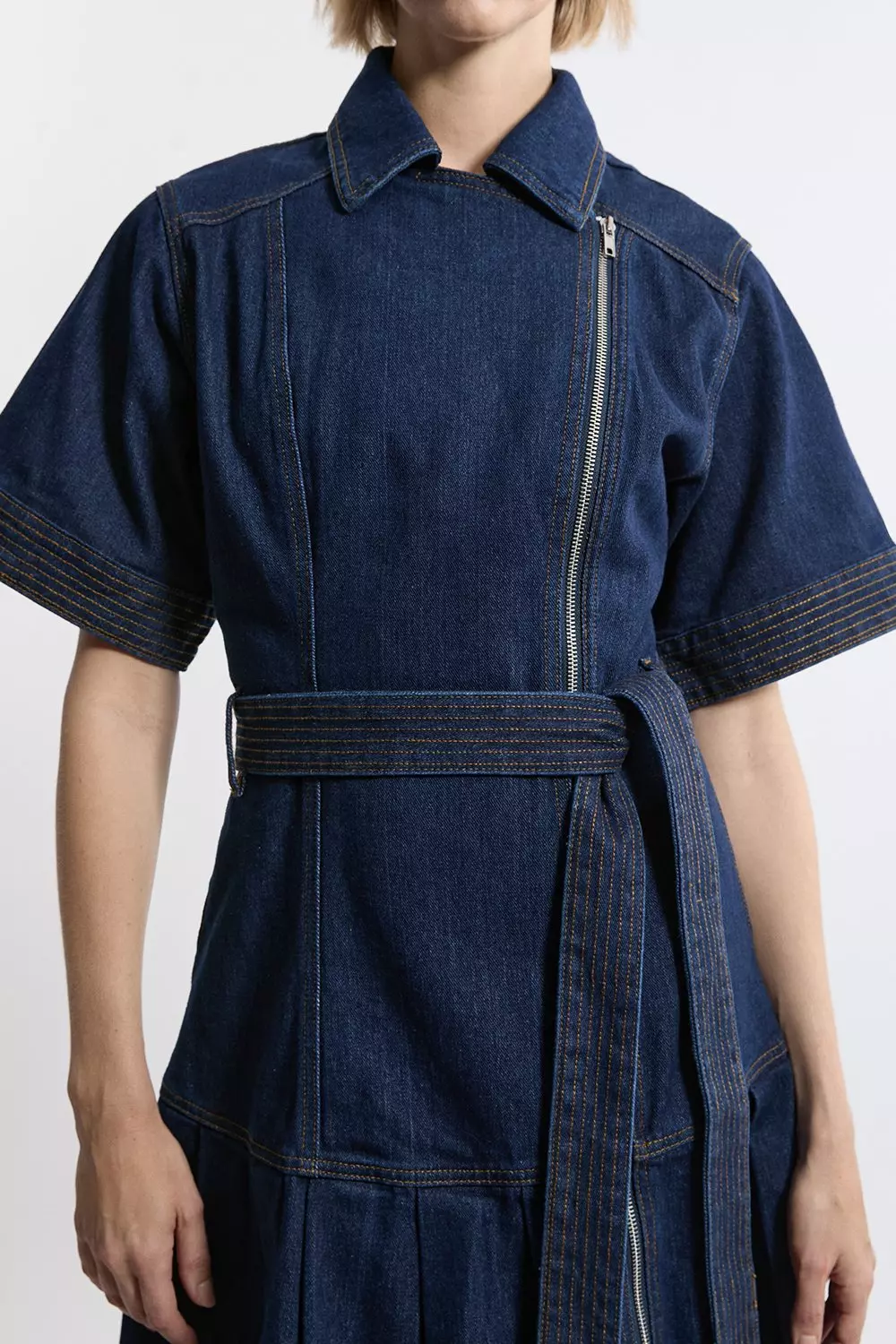 Denim Pleated Hem Biker Dress Karen Millen